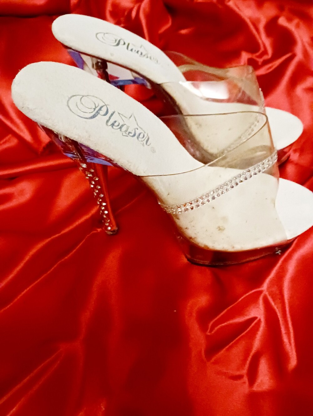 Pleaser Clear Strap Crystal Accent High Heel Mules - White/Clear